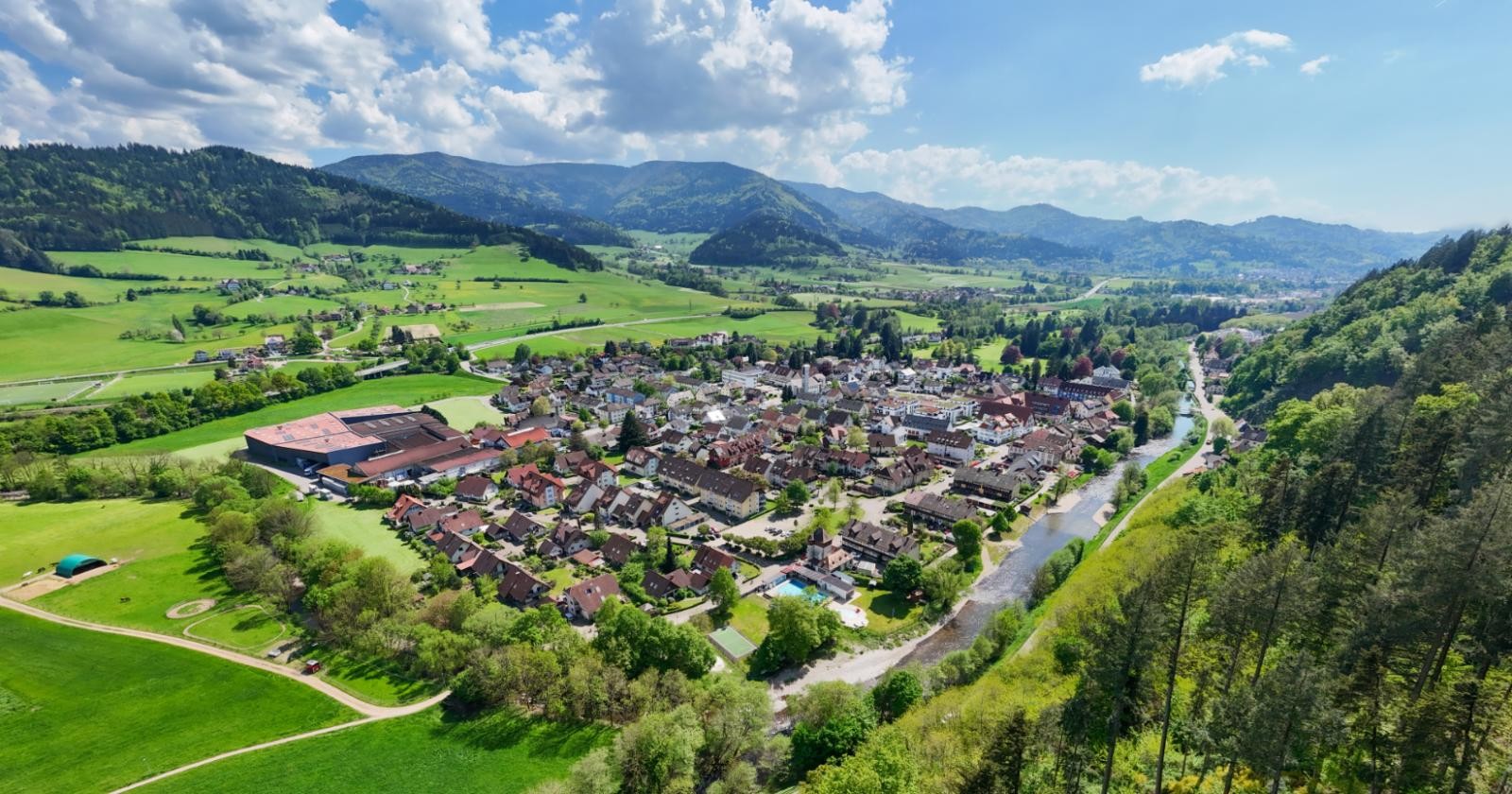 Landschaftsbild Berge Tal Gutach Tallandschaft mit Gutach im Hintergrund, im Vordergrund vereinzelte Bauernhöfe und Felder