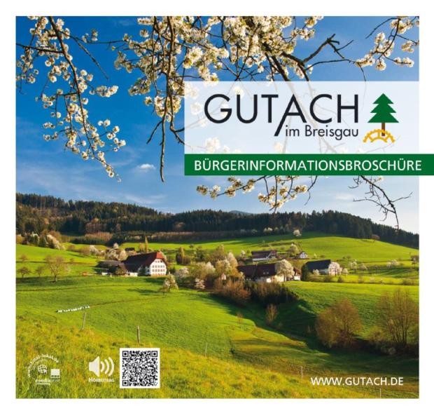 Deckblatt Bürgerinformationsbroschüre Gutach mit Landschaftsbild Häuser, Wiesen und Wald, die Sonne scheint