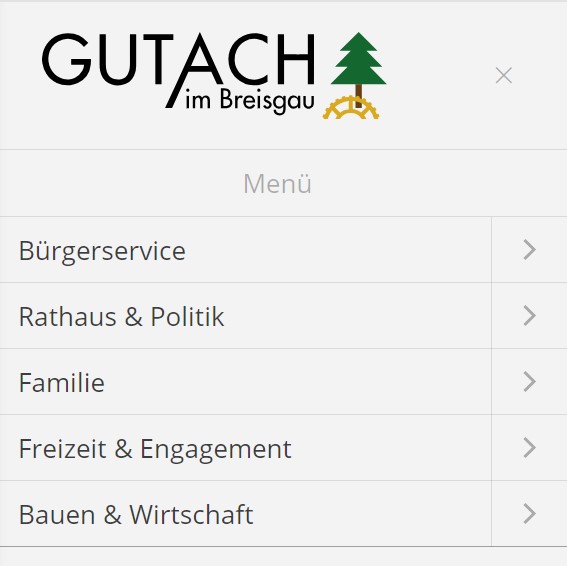 Mobiles Menü www.gutach.de mit Logo und Hauptnavigationspunkten