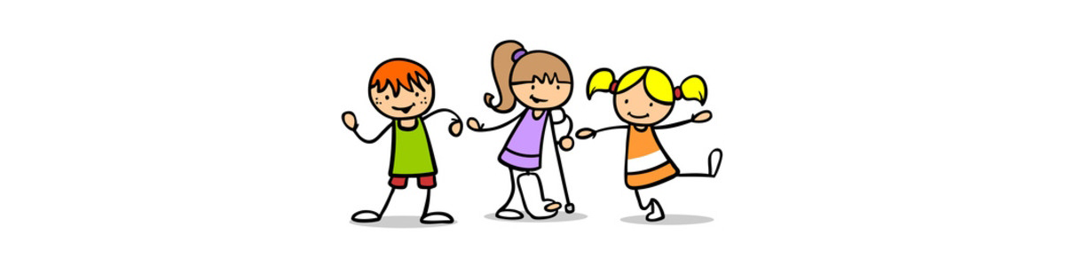 Comic-Grafik: drei Kinder die hüpfen und sich freuen, ein Kind mit Gipsbein und Gehhilfe