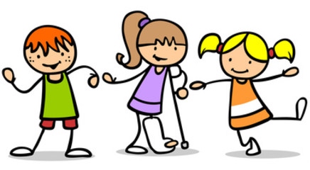 Comic-Grafik: drei Kinder die hüpfen und sich freuen, ein Kind mit Gipsbein und Gehhilfe